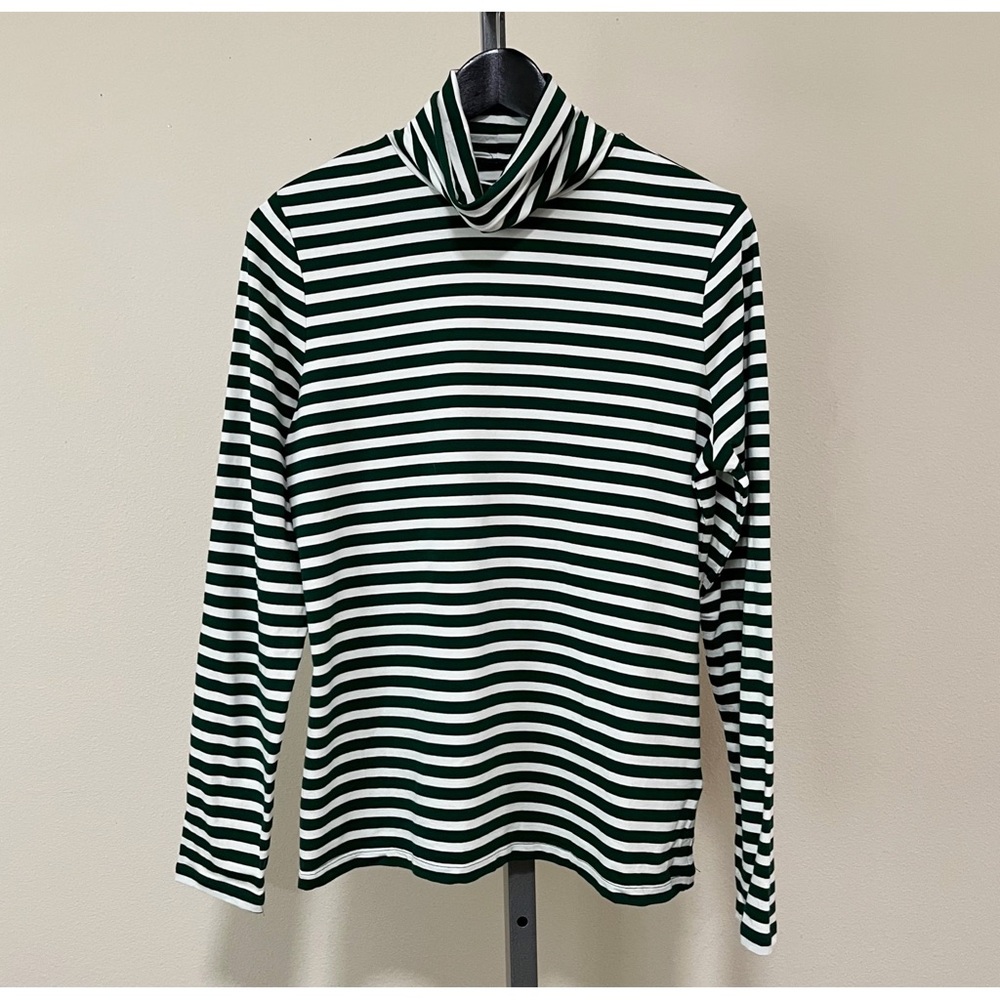 Lands' End Green and White Striped Turtleneck